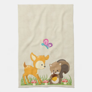 Cute Woodland Creatures Cartoon Illustration Kitchen Towel