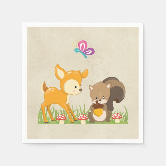Cute Woodland Creatures Cartoon Illustration Napkins (Front)
