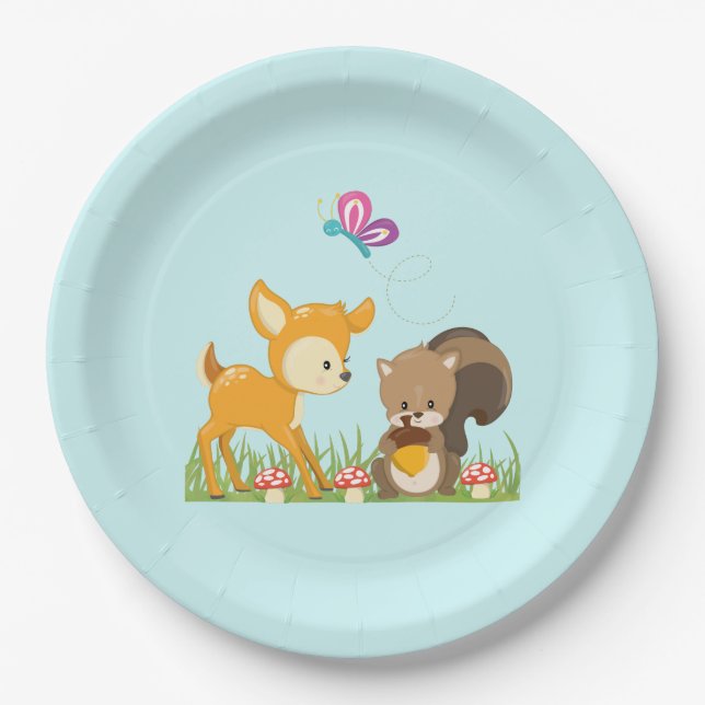 Cute Woodland Creatures Cartoon Illustration Paper Plates (Front)