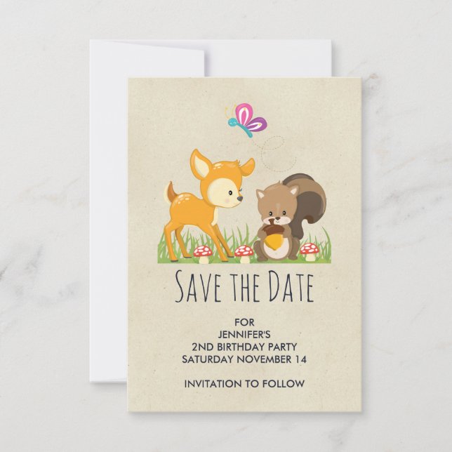 Cute Woodland Creatures Cartoon Illustration Save The Date (Front)
