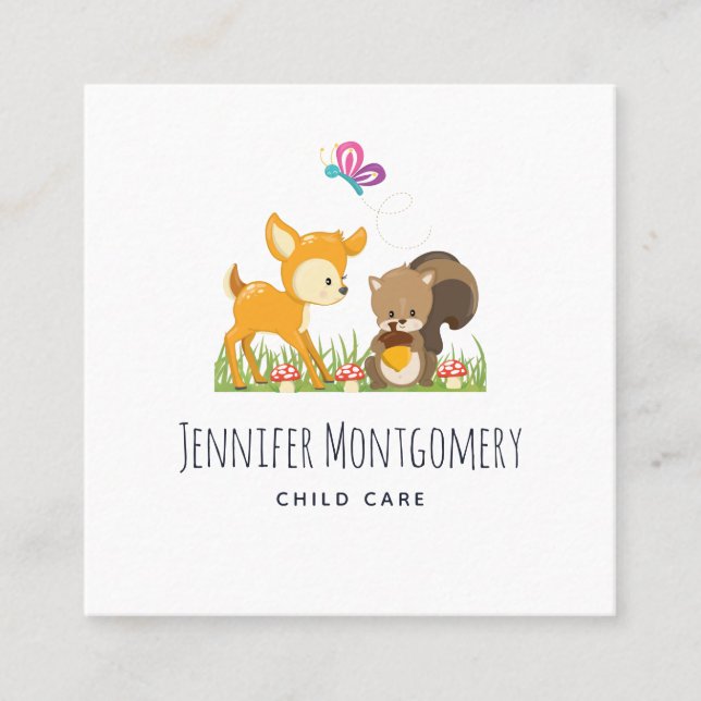 Cute Woodland Creatures Cartoon Illustration Square Business Card (Front)