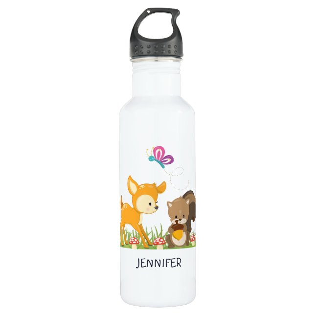 Cute Woodland Creatures Cartoon Illustration Stainless Steel Water Bottle (Front)