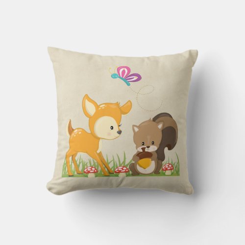 Cute Woodland Creatures Cartoon Illustration Throw Pillow