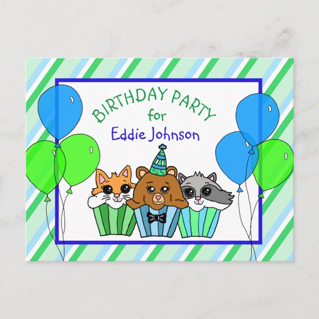 Cute Woodland Creatures Cupcake Birthday Invites (Front)