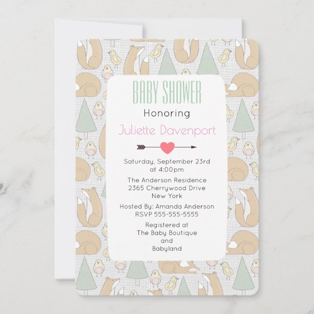 Cute Woodland Creatures Pattern Baby Shower Invite (Front)