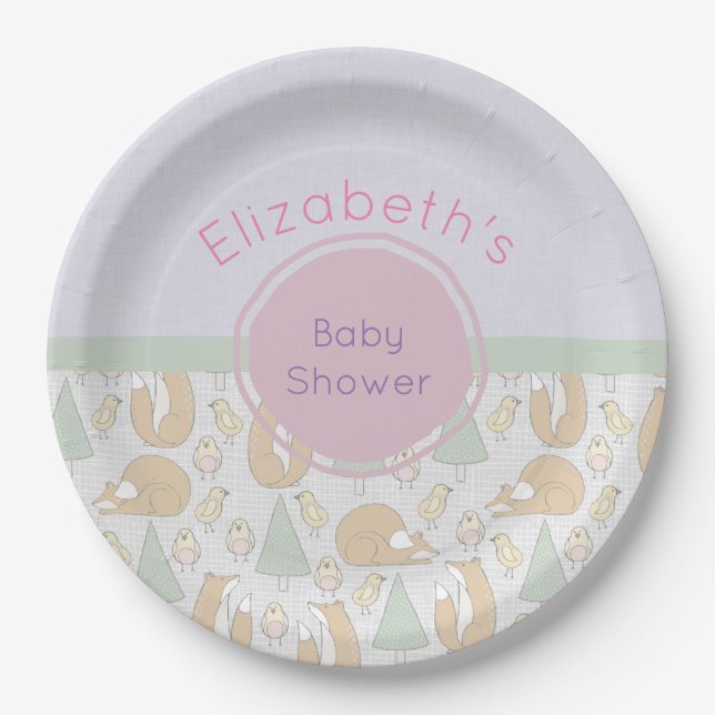 Cute Woodland Creatures Pattern Baby Shower Paper Plates (Front)