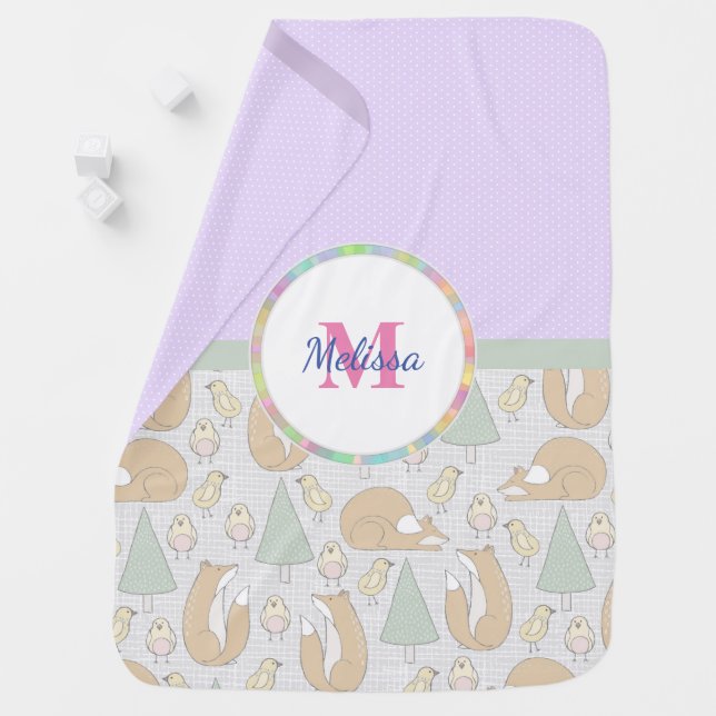 Cute Woodland Creatures Pattern Monogram Swaddle Blanket (In Situ)