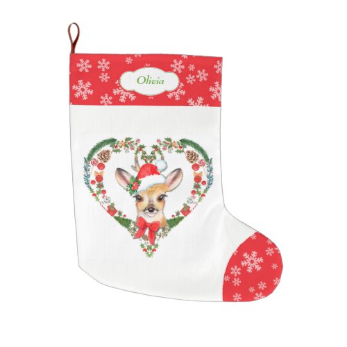 Cute Woodland Dear Heart Large Christmas Stocking