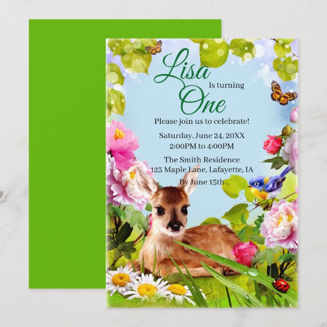 Cute Woodland Deer 1st Birthday Party Invitation (Front/Back)