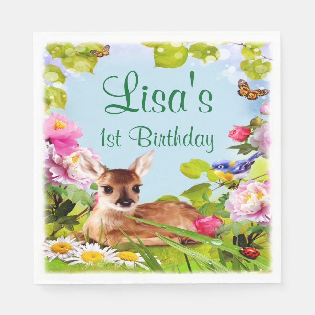Cute Woodland Deer 1st Birthday Party Napkins (Front)