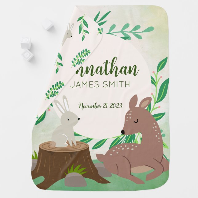Cute Woodland Deer and Bunny Name Baby Blanket (In Situ)