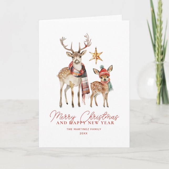 Cute Woodland Deer and Star Merry Christmas Folded Card (Front)