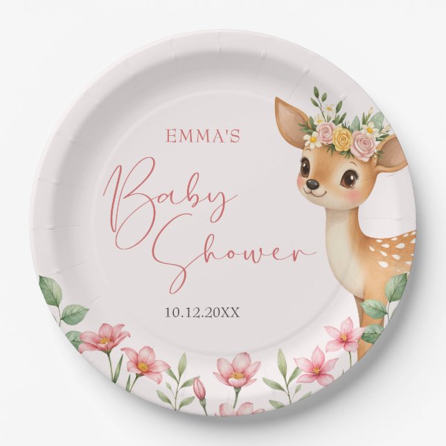 Cute Woodland Deer Baby Shower Paper Plates (Front)