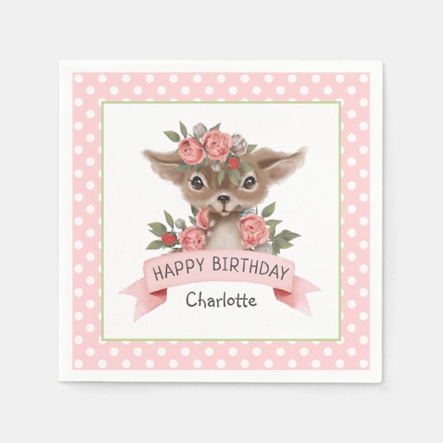 Cute Woodland Deer Birthday Party for Girl Napkins (Front)