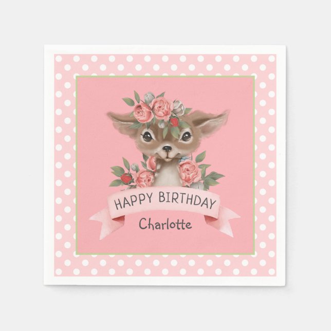 Cute Woodland Deer Birthday Party for Girl Napkins (Front)