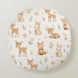 Cute woodland:Deer, Bunny and Fox Nursery design Round Pillow
