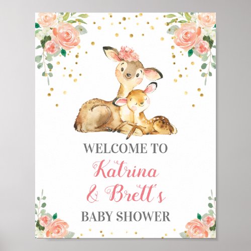 Cute Woodland Deer Co_Ed Baby Girl Shower Welcome Poster