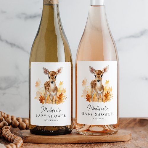 Cute Woodland Deer Fall Baby Shower Wine Label