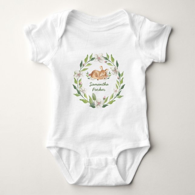 Cute Woodland Deer Floral Greenery Baby Bodysuit (Front)