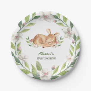 Cute Woodland Deer Floral Greenery Baby Shower 7" Paper Plates