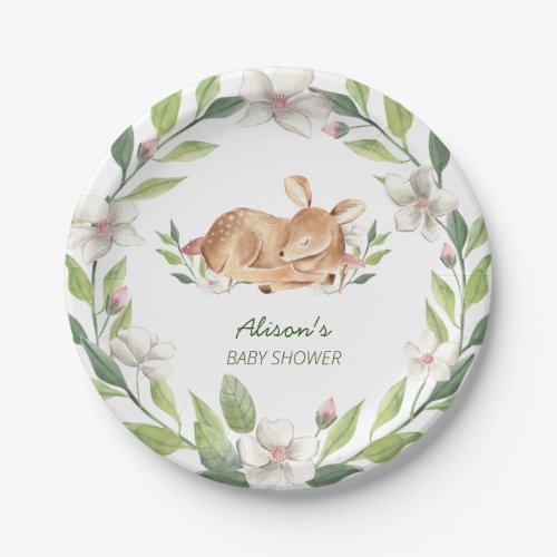 Cute Woodland Deer Floral Greenery Baby Shower 7 Paper Plates