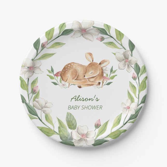 Cute Woodland Deer Floral Greenery Baby Shower 7" Paper Plates (Front)