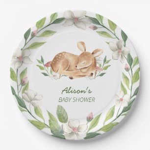 Cute Woodland Deer Floral Greenery Baby Shower 9" Paper Plates