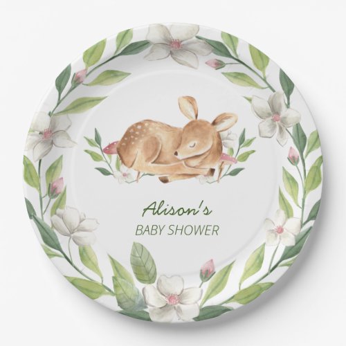 Cute Woodland Deer Floral Greenery Baby Shower 9 Paper Plates