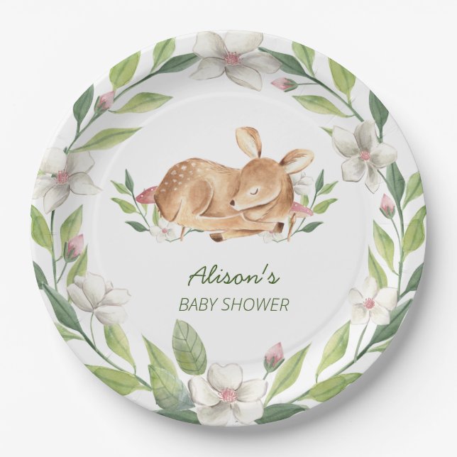 Cute Woodland Deer Floral Greenery Baby Shower 9" Paper Plates (Front)