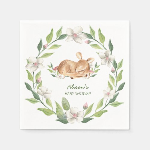 Cute Woodland Deer Floral Greenery Baby Shower  Napkins