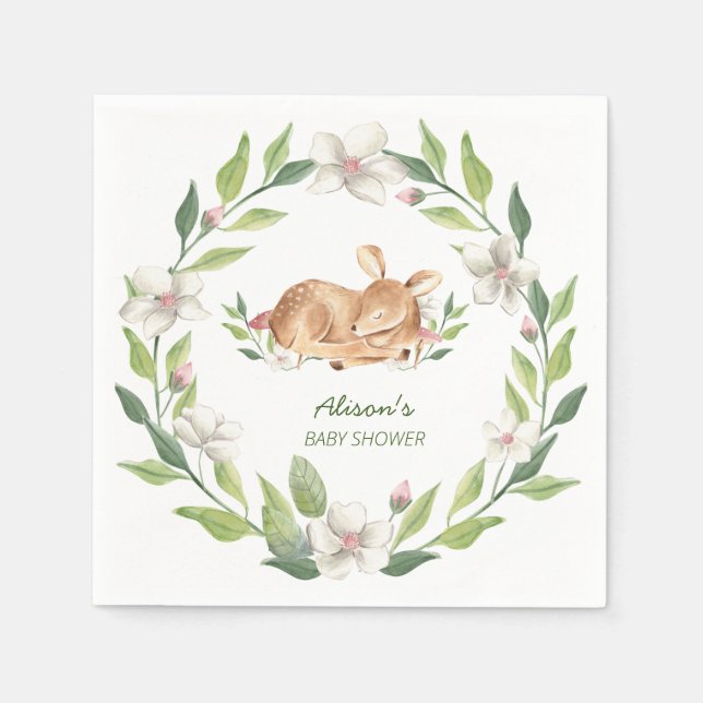 Cute Woodland Deer Floral Greenery Baby Shower  Napkins (Front)