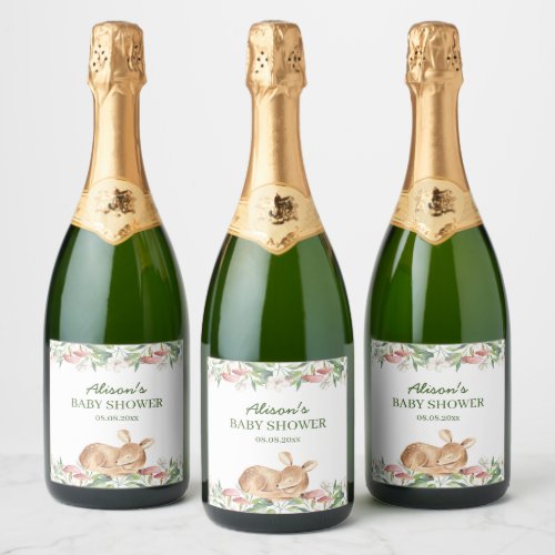 Cute Woodland Deer Floral Greenery Baby Shower Sparkling Wine Label