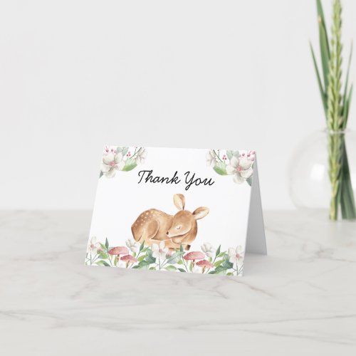 Cute Woodland Deer Floral Greenery Baby Shower Thank You Card