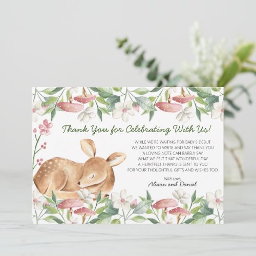 Cute Woodland Deer Floral Greenery Baby Shower Thank You Card