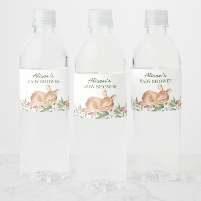 Cute Woodland Deer Floral Greenery Baby Shower Water Bottle Label (Bottles)