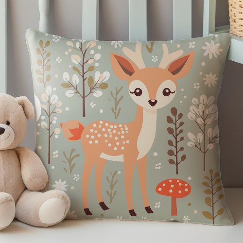 Cute Woodland Deer Forest Friends Gender Neutral Throw Pillow