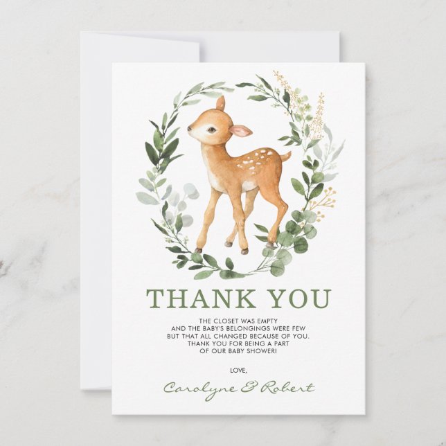 Cute Woodland Deer Forest Greenery Baby Fawn Thank You Card (Front)