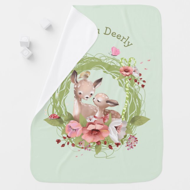 Cute Woodland Deer Green Pink Floral Baby Blanket (In Situ)