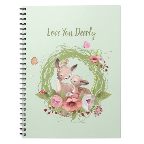 Cute Woodland Deer Green Pink Floral Notebook