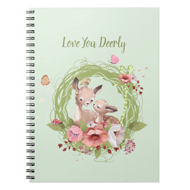 Cute Woodland Deer Green Pink Floral Notebook (Front)