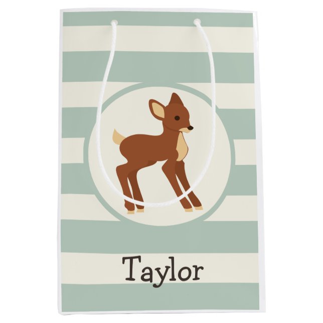 Cute Woodland Deer; Sage Green Stripes Medium Gift Bag (Front)