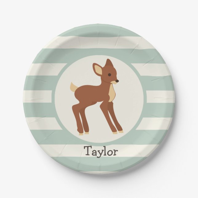 Cute Woodland Deer; Sage Green Stripes Paper Plates (Front)