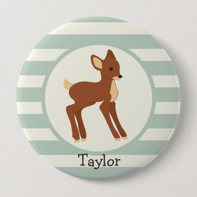 Cute Woodland Deer; Sage Green Stripes Pinback Button (Front)