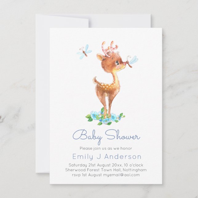 Cute Woodland Deer Watercolo Baby Shower Incl Env. (Front)