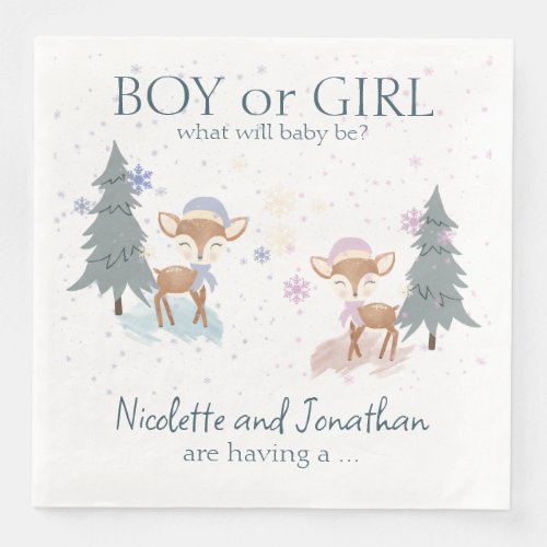 Cute Woodland Deer Winter Baby Gender Reveal Paper Dinner Napkins