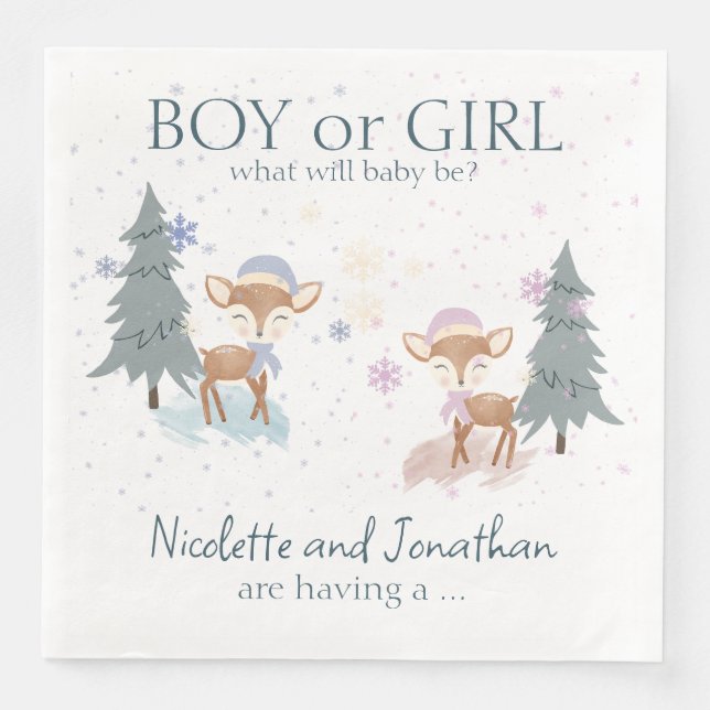 Cute Woodland Deer Winter Baby Gender Reveal Paper Dinner Napkins (Front)