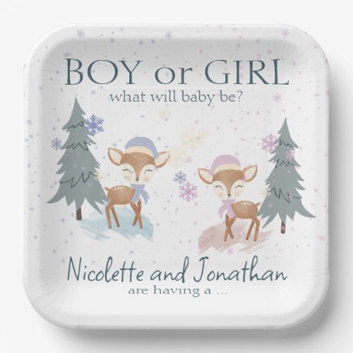 Cute Woodland Deer Winter Baby Gender Reveal Paper Plates