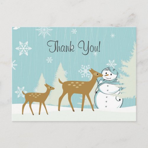 Cute Woodland Deer with Snowman Winter Thank You Postcard
