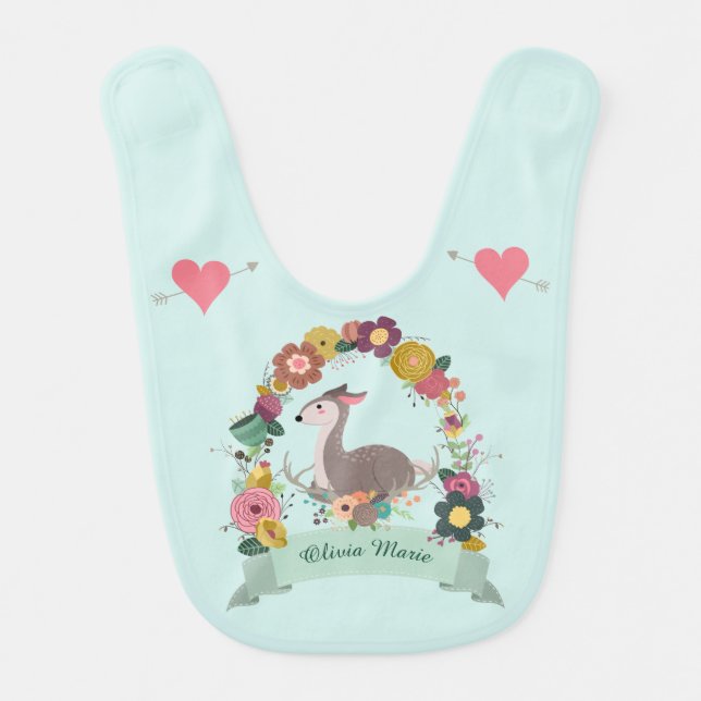 Cute Woodland Deer Wreath Baby Bib (Front)