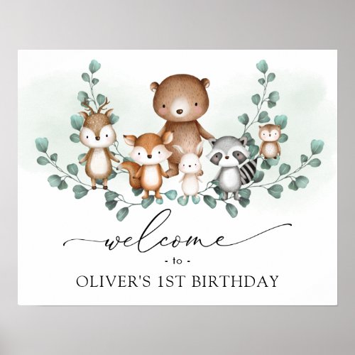 Cute Woodland Eucalyptus Greenery Birthday Welcome Poster